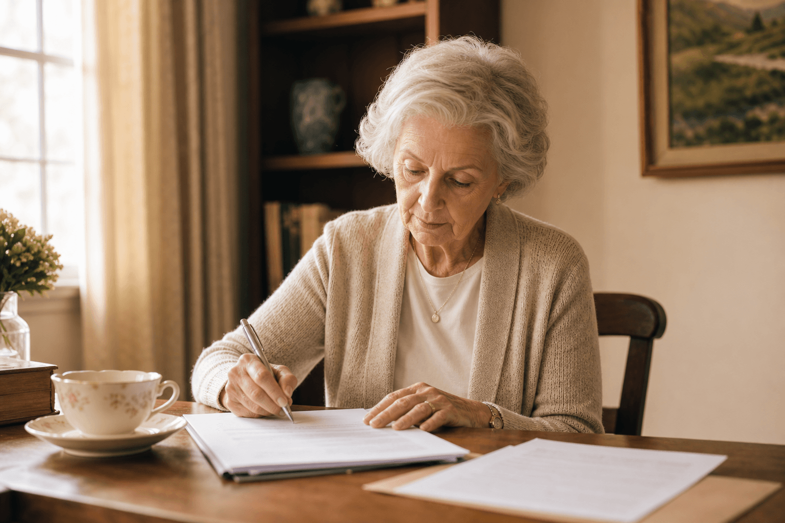 Older woman writing notes at a kitchen table in soft morning light