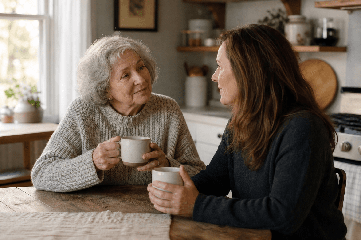 Older woman and younger adult talking together over tea at home