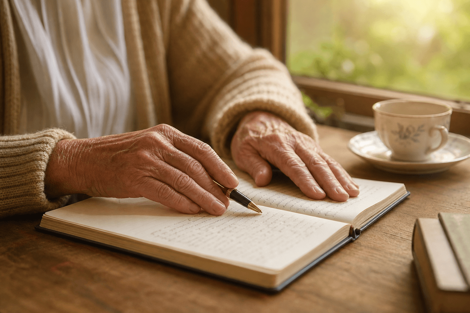 Older hands resting on a notebook beside tea on a sunlit table