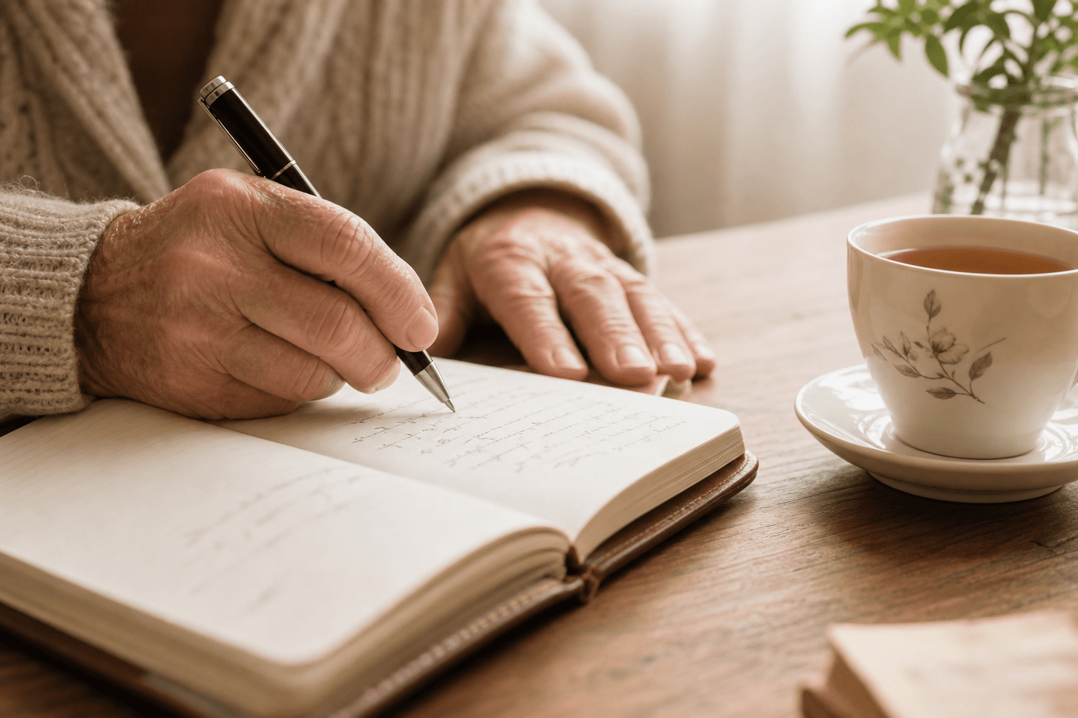 Close-up of older hands writing in an open journal beside a teacup