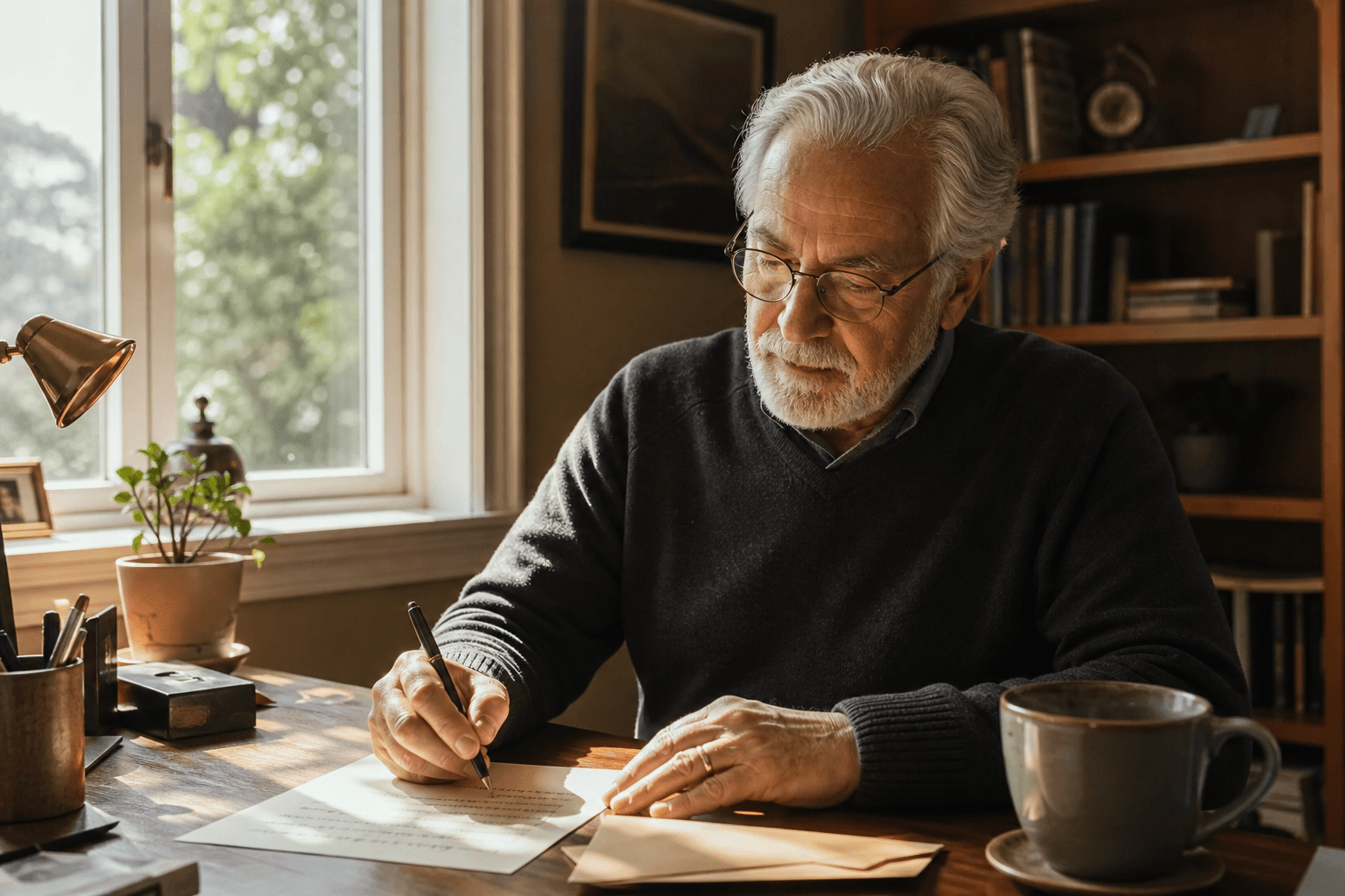 Older man writing in a notebook at a sunlit desk