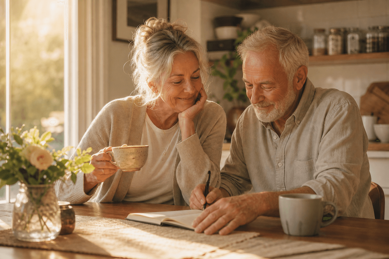 Older couple smiling over notes and tea in warm window light