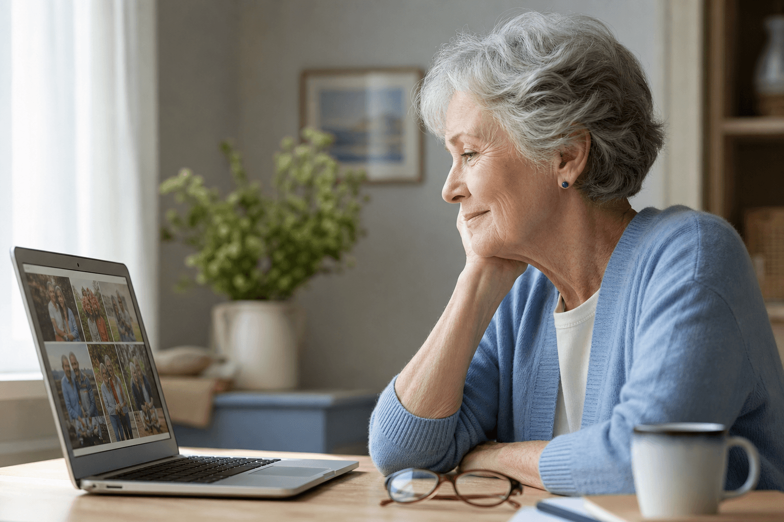 Older woman looking at family photos on a laptop beside a sunny window