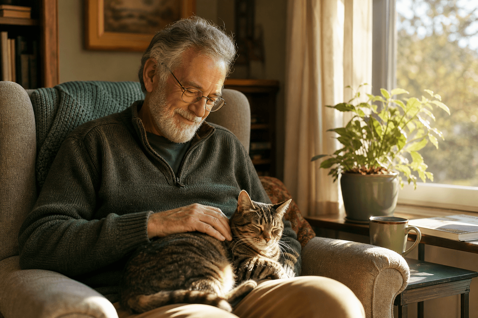 Older man relaxing in an armchair with a cat and a notebook nearby