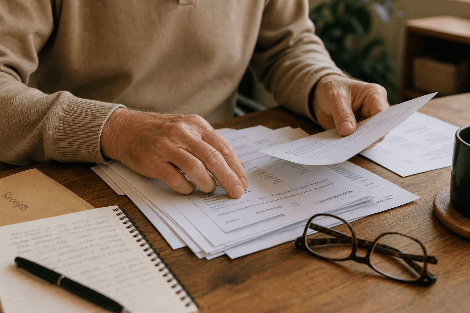 Older adult sorting important papers beside a notebook and glasses