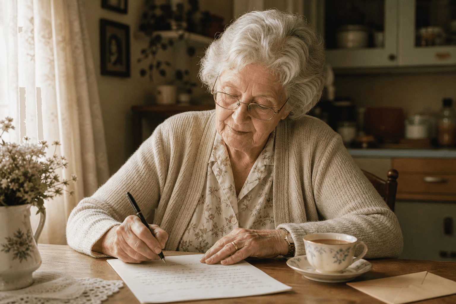 Older woman writing a letter at a kitchen table with tea nearby