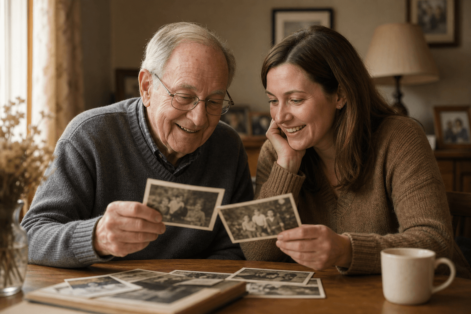 Older man and younger woman smiling as they look through family photographs
