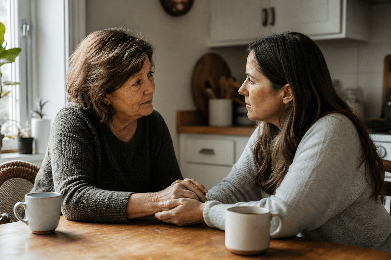 Older woman and younger adult sitting together at a kitchen table in a supportive conversation
