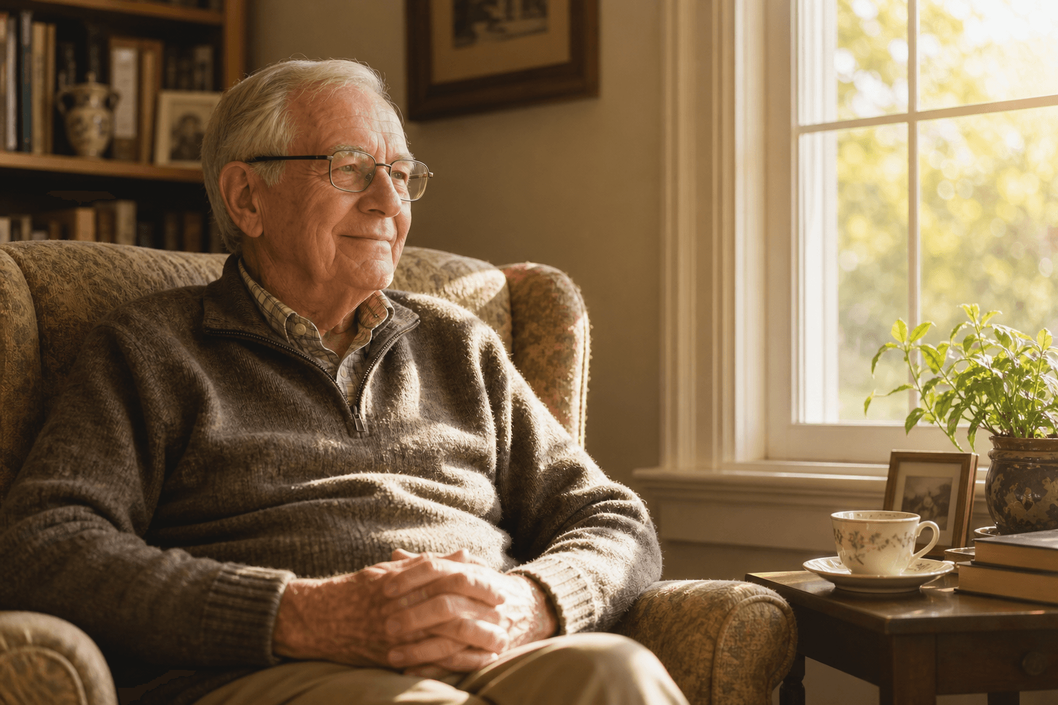 Older man sitting peacefully by a sunlit window with a cup of tea