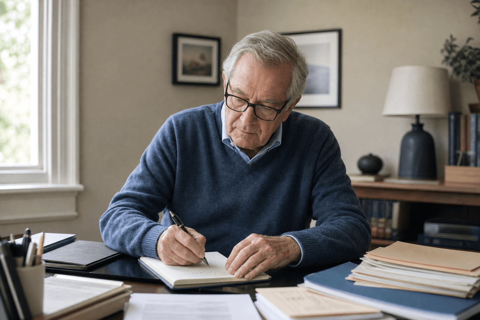 Older man writing at a tidy home desk surrounded by organized folders