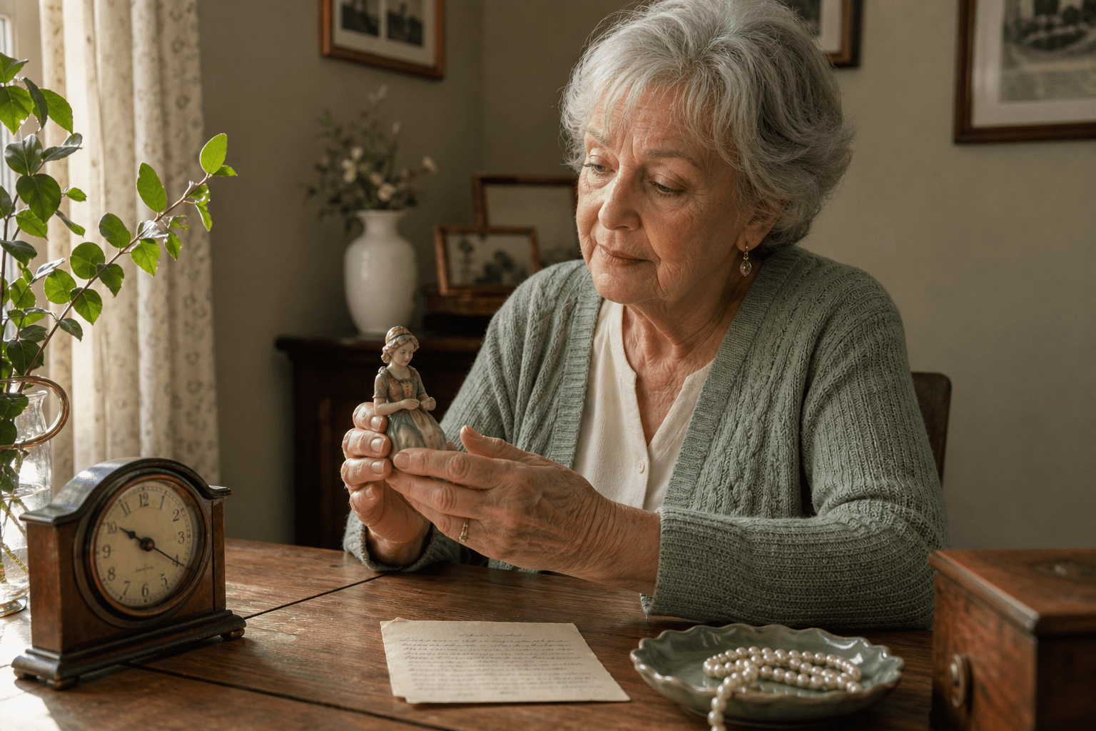 An older woman holds a ceramic figurine at a warm wooden table, surrounded by cherished objects including a clock and a handwritten recipe card