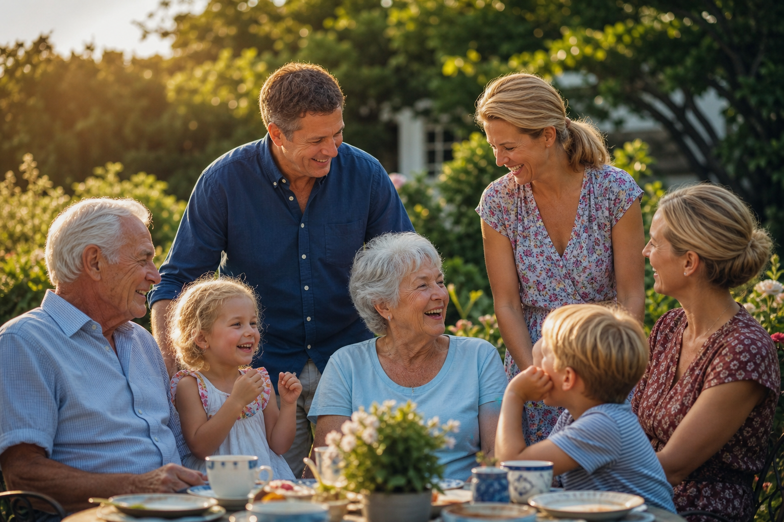 Family of several generations gathered around a garden table in warm evening light