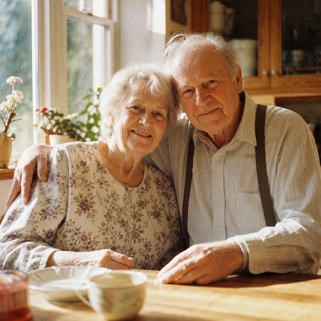 Older couple sitting close together at a table in warm morning light