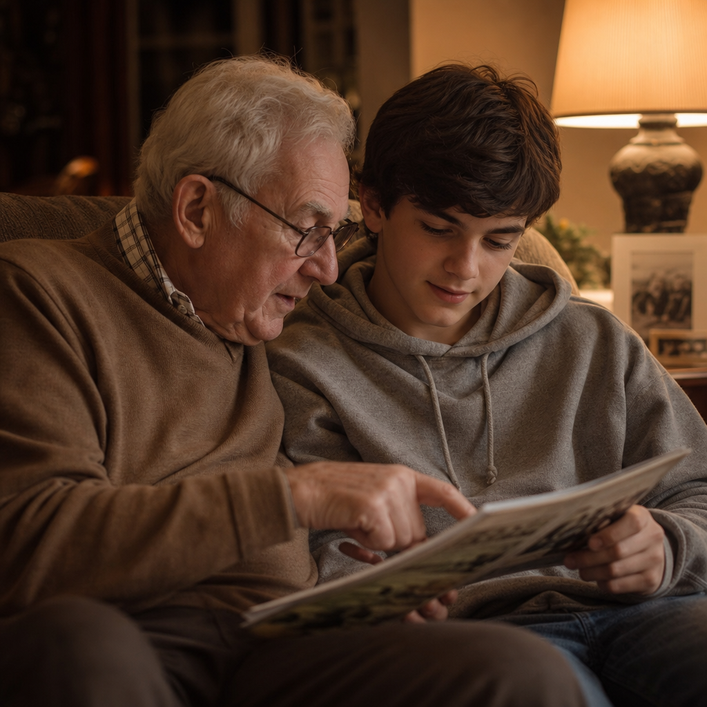 Older man sharing a photo album with a younger loved one at home