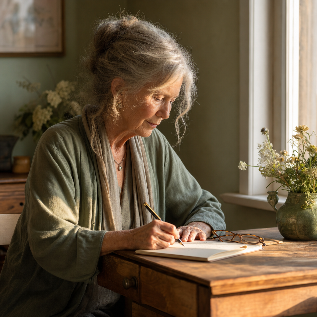 Older woman writing in a journal beside a sunlit window